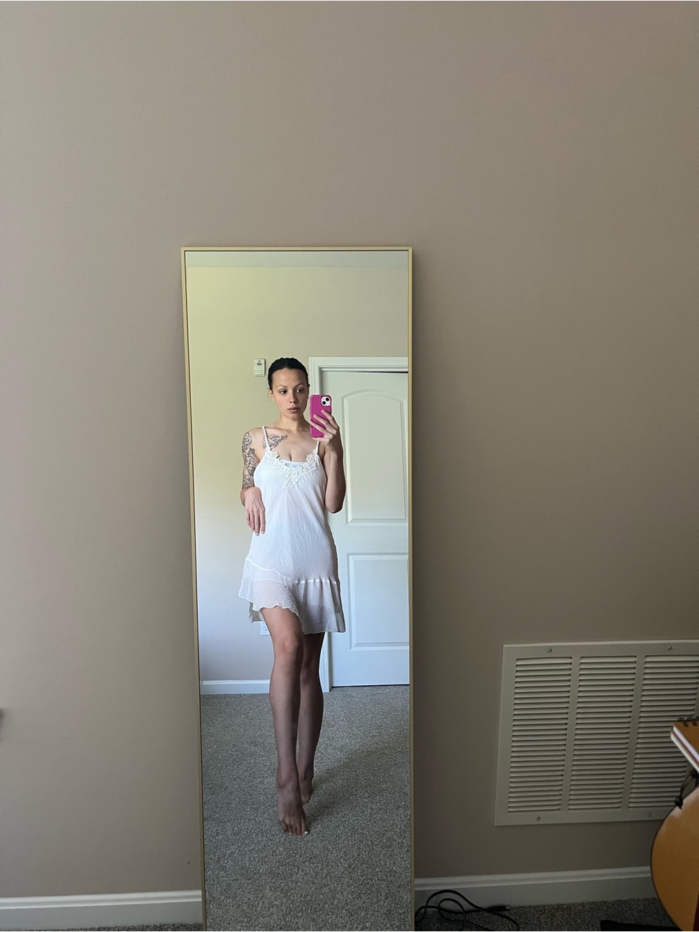 VTG Linea Donatella Sheer Beaded Chemise Slip Coquette Assymetrical Hem